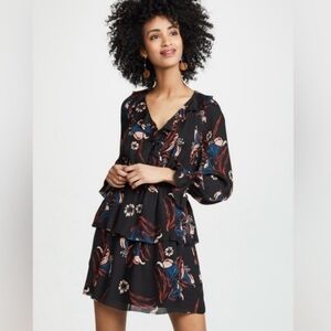 JOIE Nour Black Floral Tiered Ruffle Silk Dress $398 Sz Xs Caviar